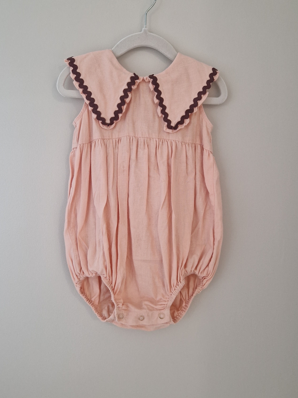 Rylee + Cru Pink Bubble Romper with Brown Rickrack Collar